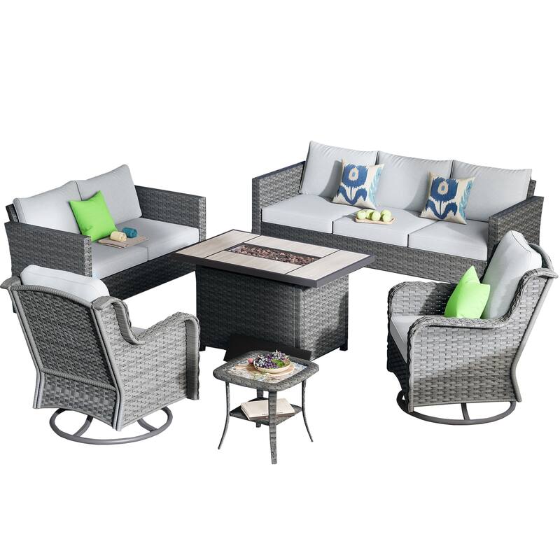 OVIOS 6-piece Patio Loveseat Swivel Chair Set With 42" Fire Table