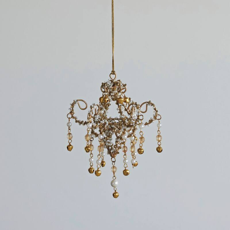 Handmade Metal, Glass, and Acrylic Beaded Chandelier Ornament - Gold