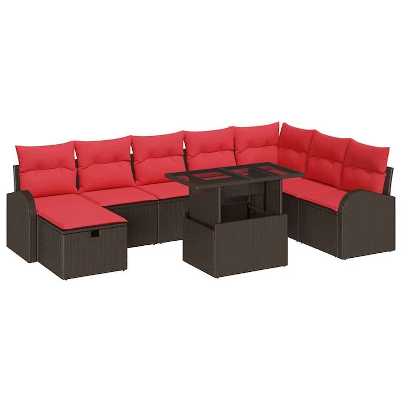 vidaXL 9 Garden Sofa Set with Cushions Black/Brown/Grey Poly Rattan - 113.8 x 70.5 x 27.2