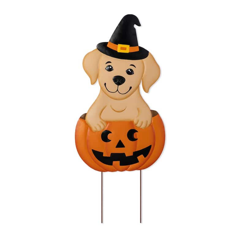 Glitzhome Halloween Metal Black Cat or Labrador in Pumpkin Yard Stake Wall Decor