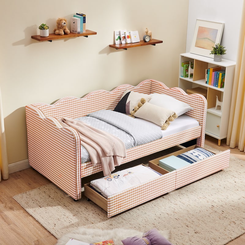 Twin Size Gingham Linen Upholstered Daybed with 2 Storage Drawers, USB Charging Station & Waved Arms - Pink - Twin