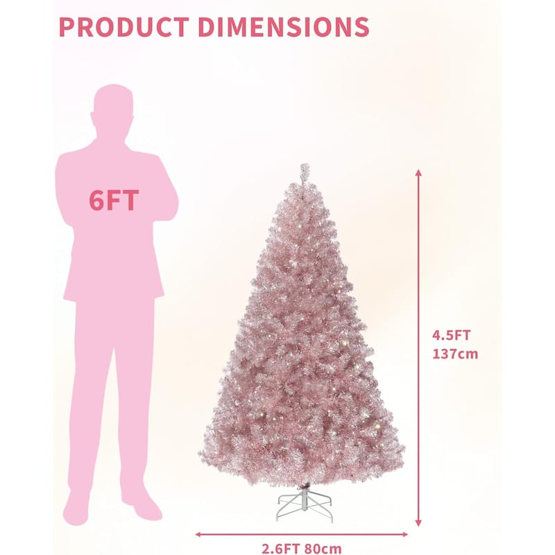 Prelit 4.5Ft Rose Gold Tinsel Fake Christmas Tree with 150 Warm White LED Lights, Metal Stand