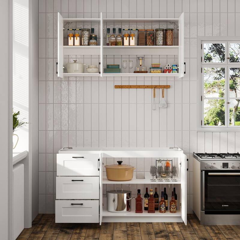 Modular White Kitchen Cabinet Set Customizable Base and Wall Cabinets Pantry Storage and DIY Countertop Design(Without desktop)