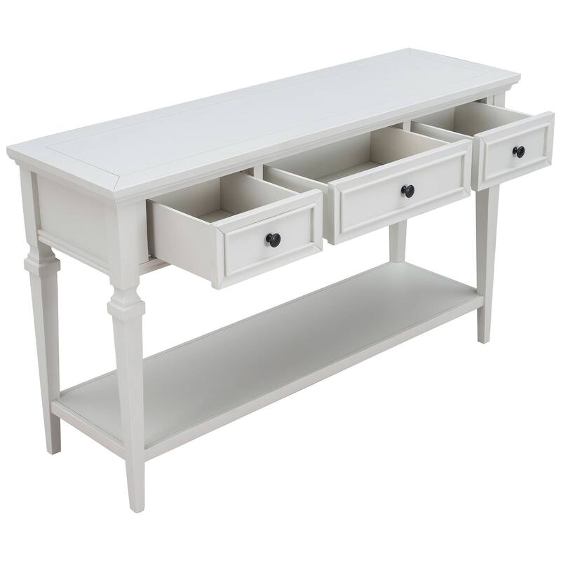 Classic Retro Style Console Table with Three Top Drawers and Open Style Bottom Shelf - Antique White