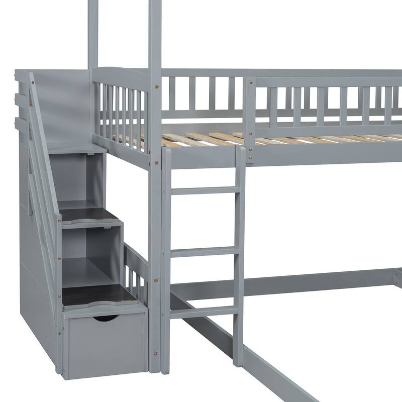 Twin Over Full Bunk Bed with Slide and Storage, Gray