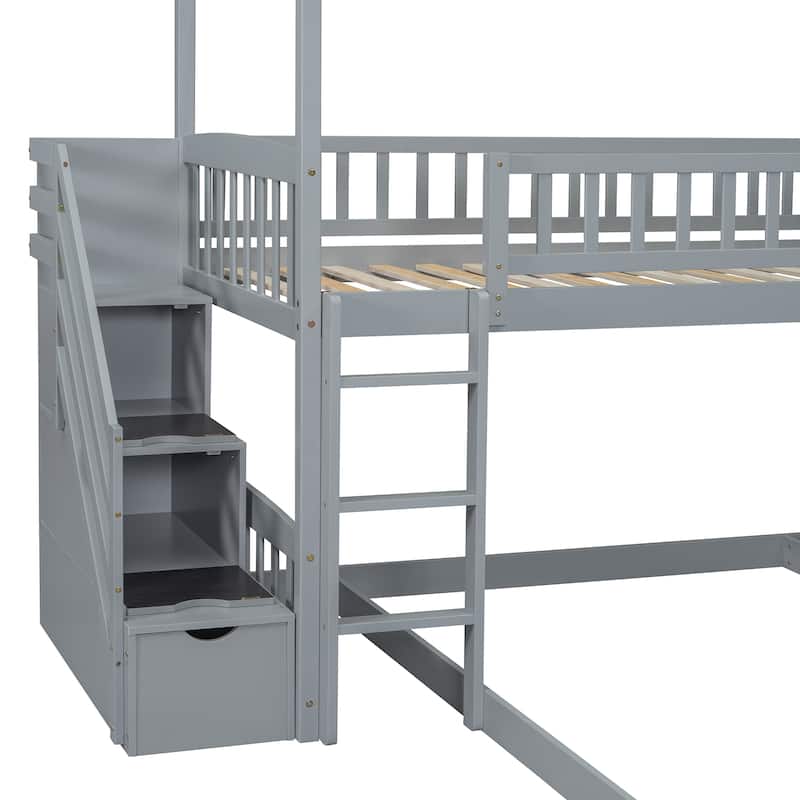 Twin over Twin Size Pine Wood Bunk Bed with Two Drawers and Slide for Kids