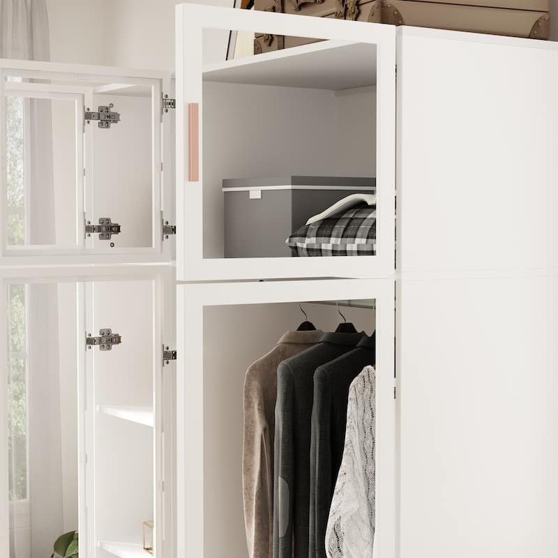 47.2" Wide Armoire LED Light All Glass Door Closet Cabinet Wardrobe