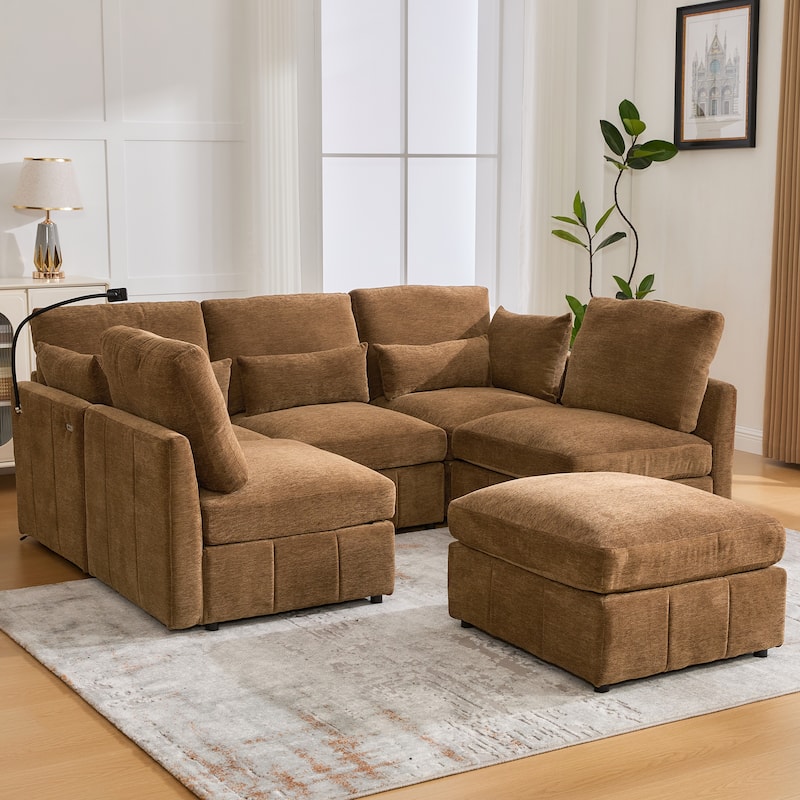 Roomfitters Modular U-Shaped Sectional Sofa Bed with Ottoman, USB Ports and Phone Holder for Living Room