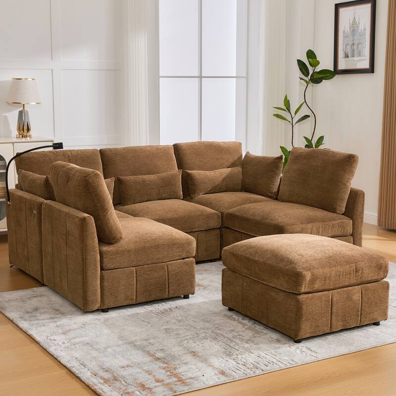 U Shaped Modular Sectional Sofa with Movable Ottoman, Chenille Upholstered 5-Seater Sofa with 2 USB Ports & Phone Holder