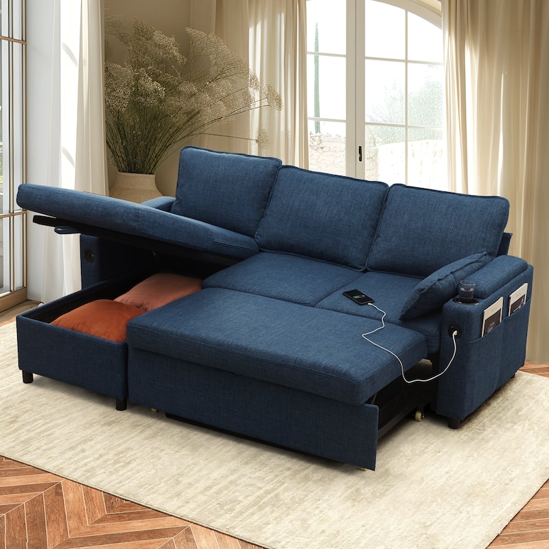 Convertible Sleeper Sofa 3-in-1 Pull Out Sectional Sofa Bed L/U-Shaped Couch with Storage Chaise - Blue - Reversible