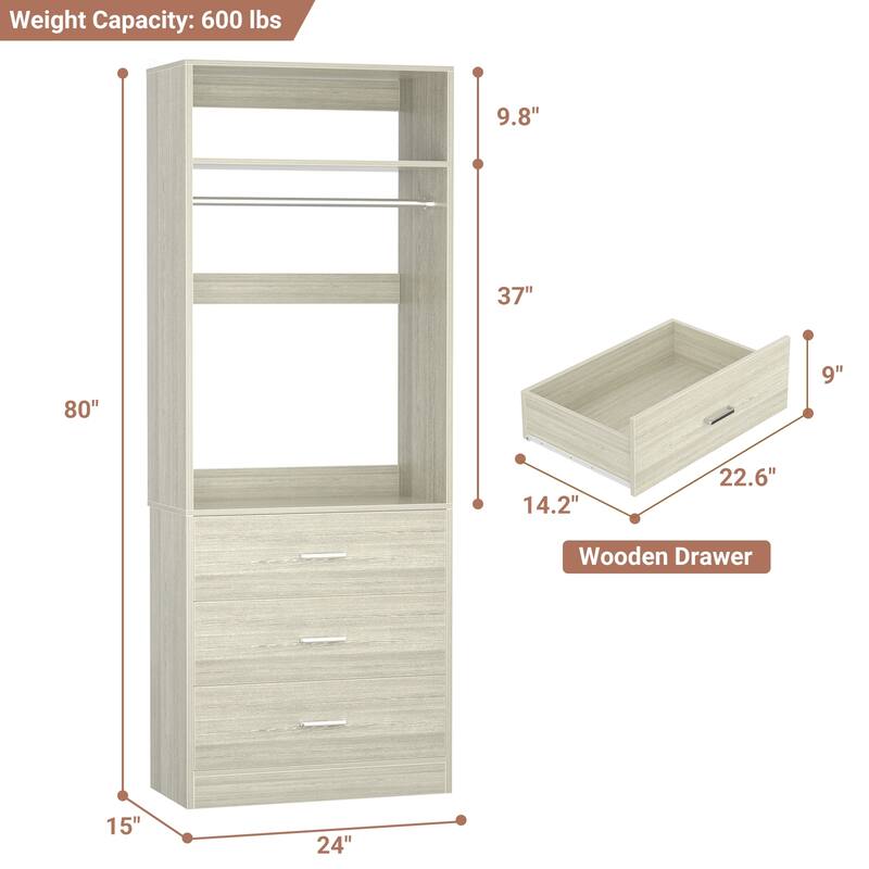 Kyrvo Freestanding Closet Sytem with 3 Wooden Drawers and Hanging Rod and Storage Shelf, Walk-in Closet Organizer Wardrobe