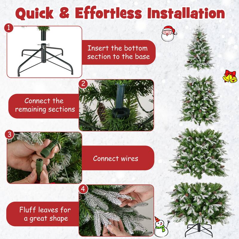 Gymax 6/7.5/9 FT Pre-Lit Artificial Christmas Tree Snow Flocked Hinged