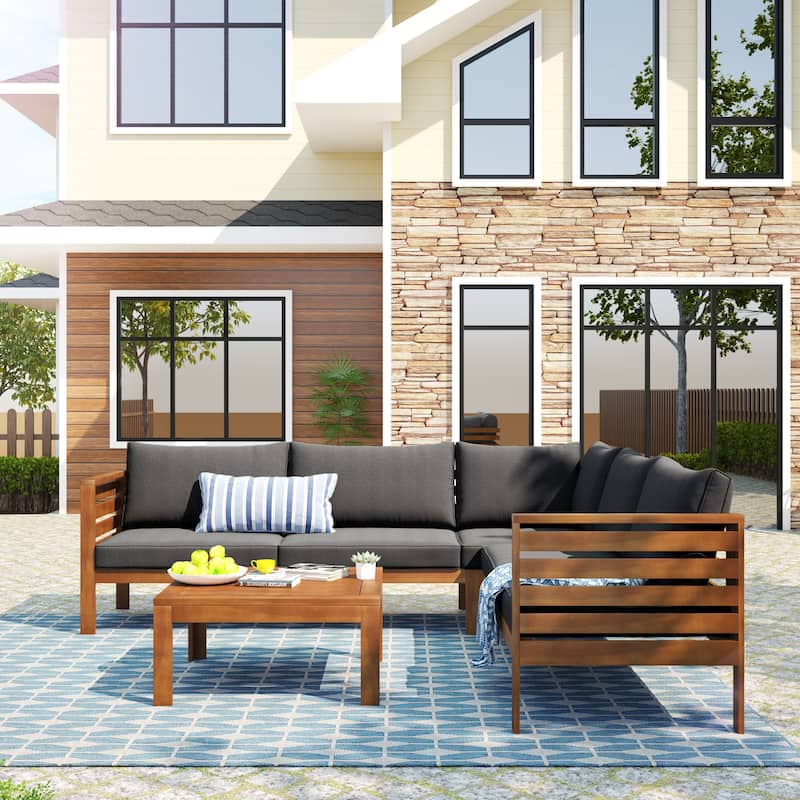 Roomfitters 3-Piece Outdoor Sectional Sofa Set with Coffee Table, Solid Wood Frame L-Shaped Patio Furniture