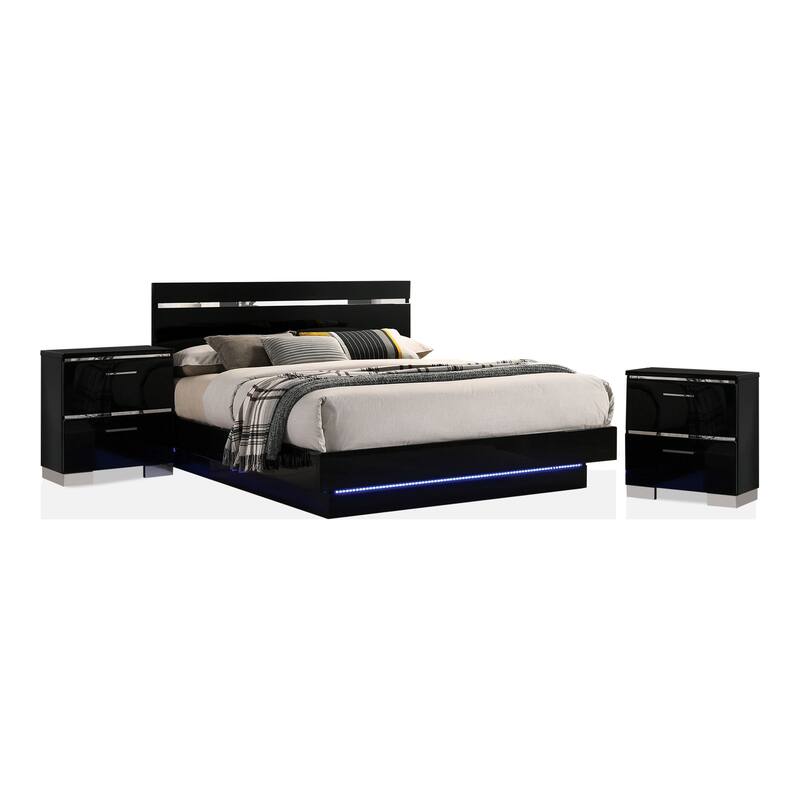 Benvolio Contemporary Black Wood LED 3-Piece Panel Bed with 2 Nightstands Set with USB Port by Furniture of America