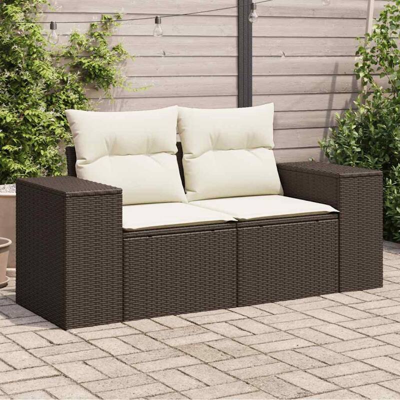 vidaXL Patio Sofa with Cushions 2-Seater Modular Couch Loveseat Poly Rattan - 24.4 x 73.2 x 27.2 in - Brown without storage