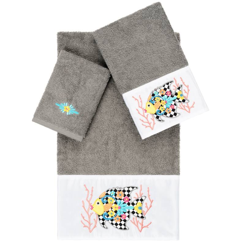 Authentic Hotel and Spa 100% Turkish Cotton Feliz 3PC Embellished Towel Set - Dark Gray