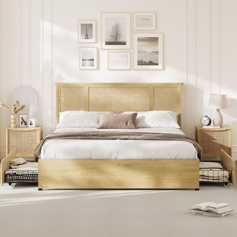 Bed Frame with Natural Rattan Headboard, 4 Storage Drawers - Queen