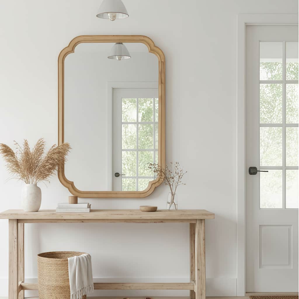 Solid Wood Frame Rounded Corner Decorative Mirror - Natural