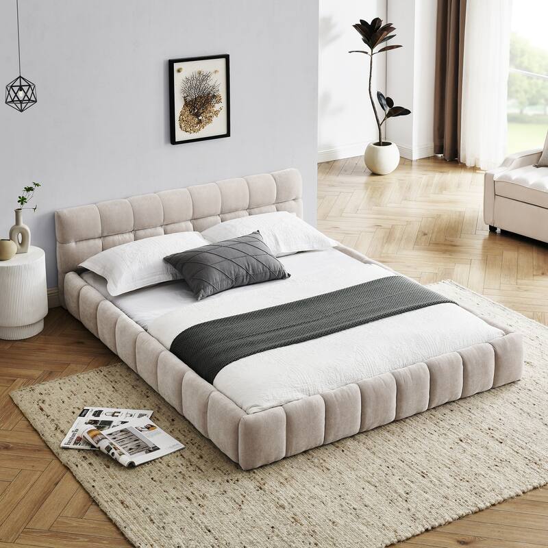 Block Thick Chenille Low Profile Platform Bed Fabric Upholstered Bedframe with Headboard Solid Wood Frame - Optional Storage Bed - Beige - Queen