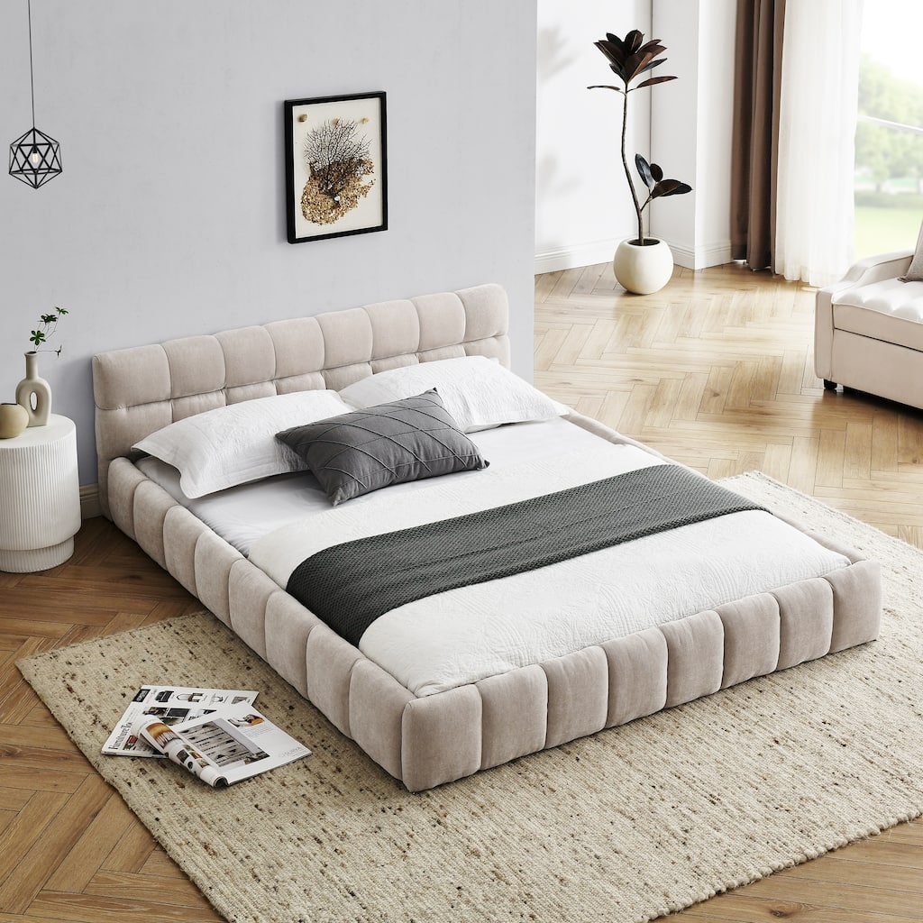 Queen Size Chenille Fabric Upholstered Grounded Platform Bed with Headboard and Solid Frame