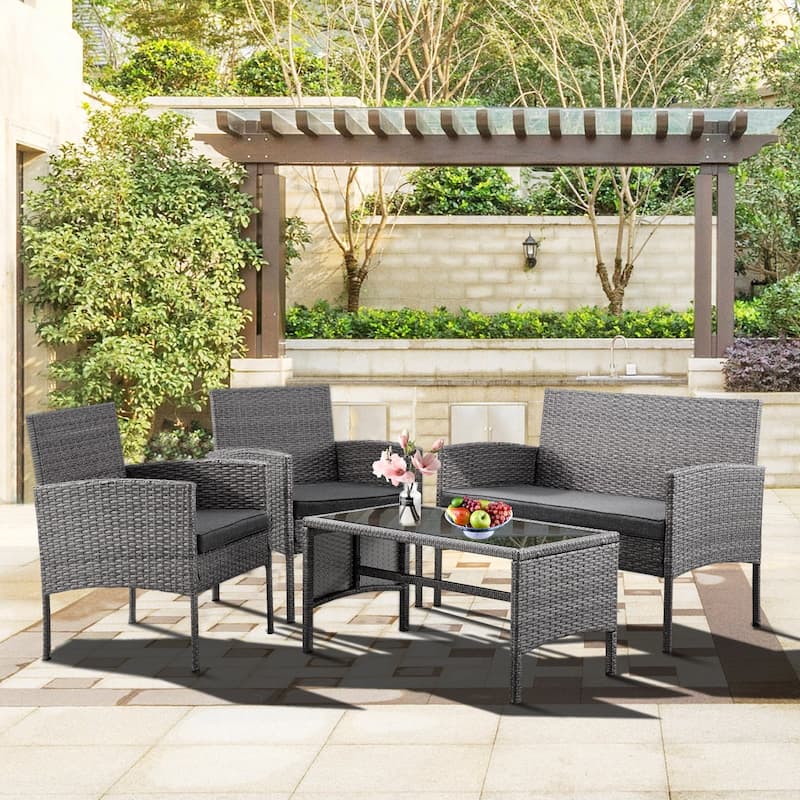 4 Piece Patio Conversation Wicker Furniture Set, Outdoor Rattan Sectional Furniture Set With Cushions for Yard Garden