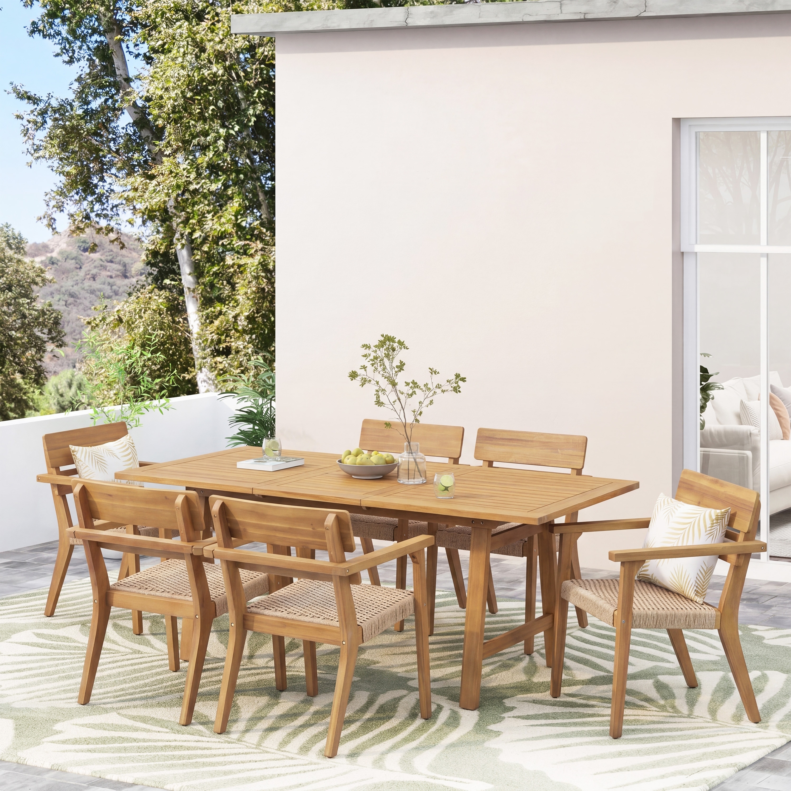 Christopher Knight Home - Seabrook 7-Piece Outdoor Dining Set Acacia Wood with Extendable Table and Hand-Woven Wicker Chairs