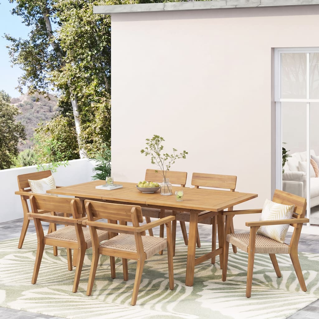 Christopher Knight Home - Seabrook 7-Piece Outdoor Dining Set Acacia Wood with Extendable Table and Hand-Woven Wicker Chairs