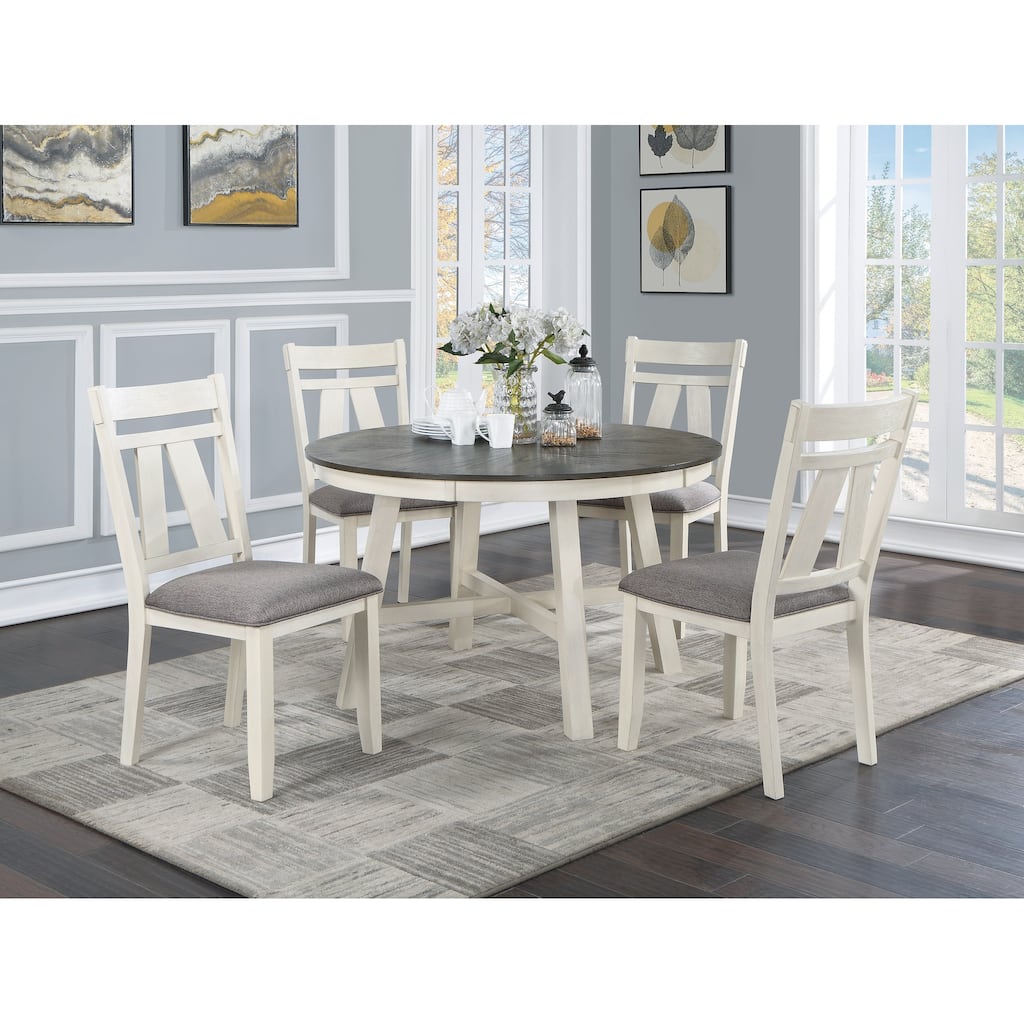 Dining Room Furniture 5pc Dining Set Round Table And 4x Side Chairs Gray Fabric Cushion Seat White Clean Lines Wooden Ta