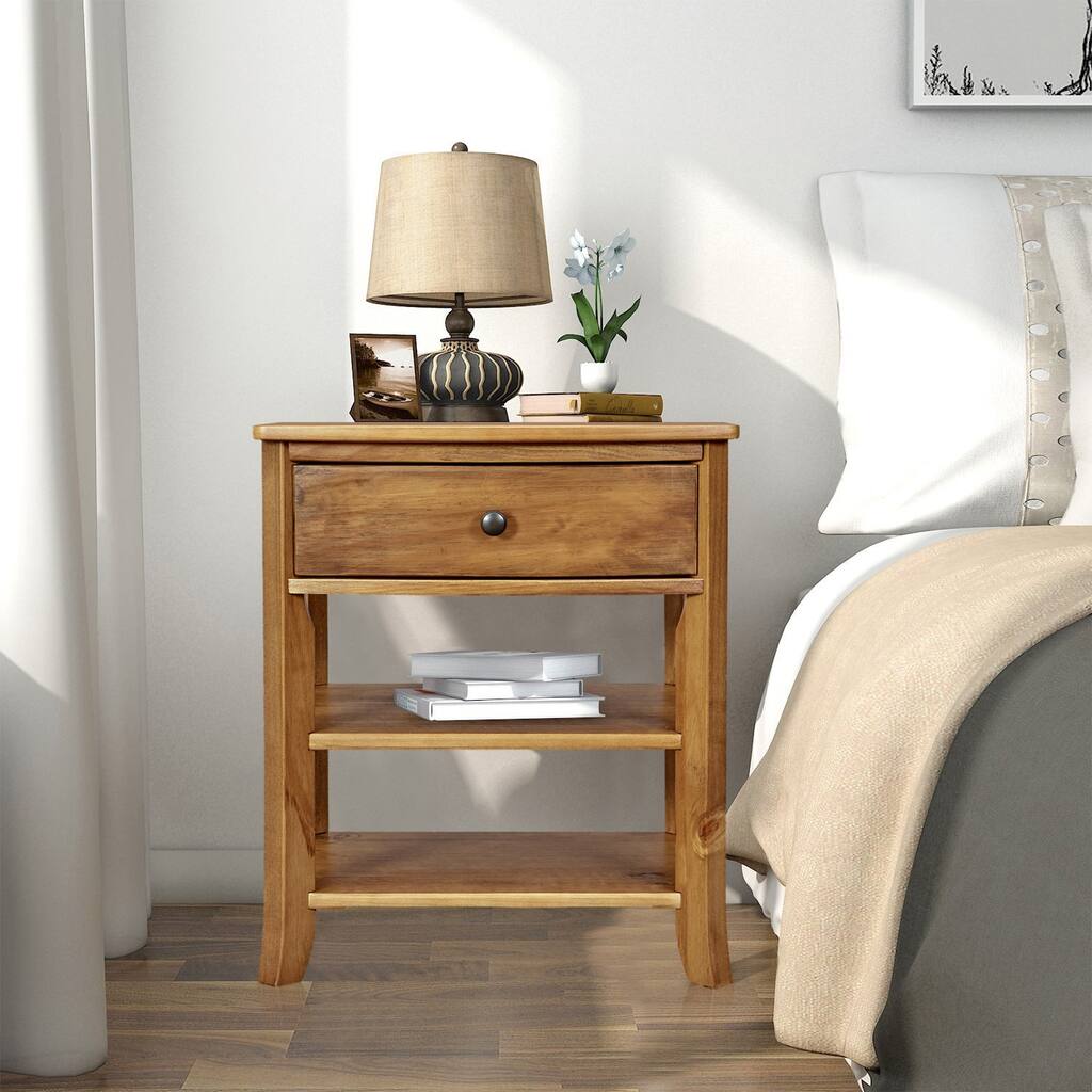 BIKAHOM Wood 3-Tier Nightstand with Storage Shelf and Drawer for Bedroom or Living Room/Metal Knobs/End Table/Side Table