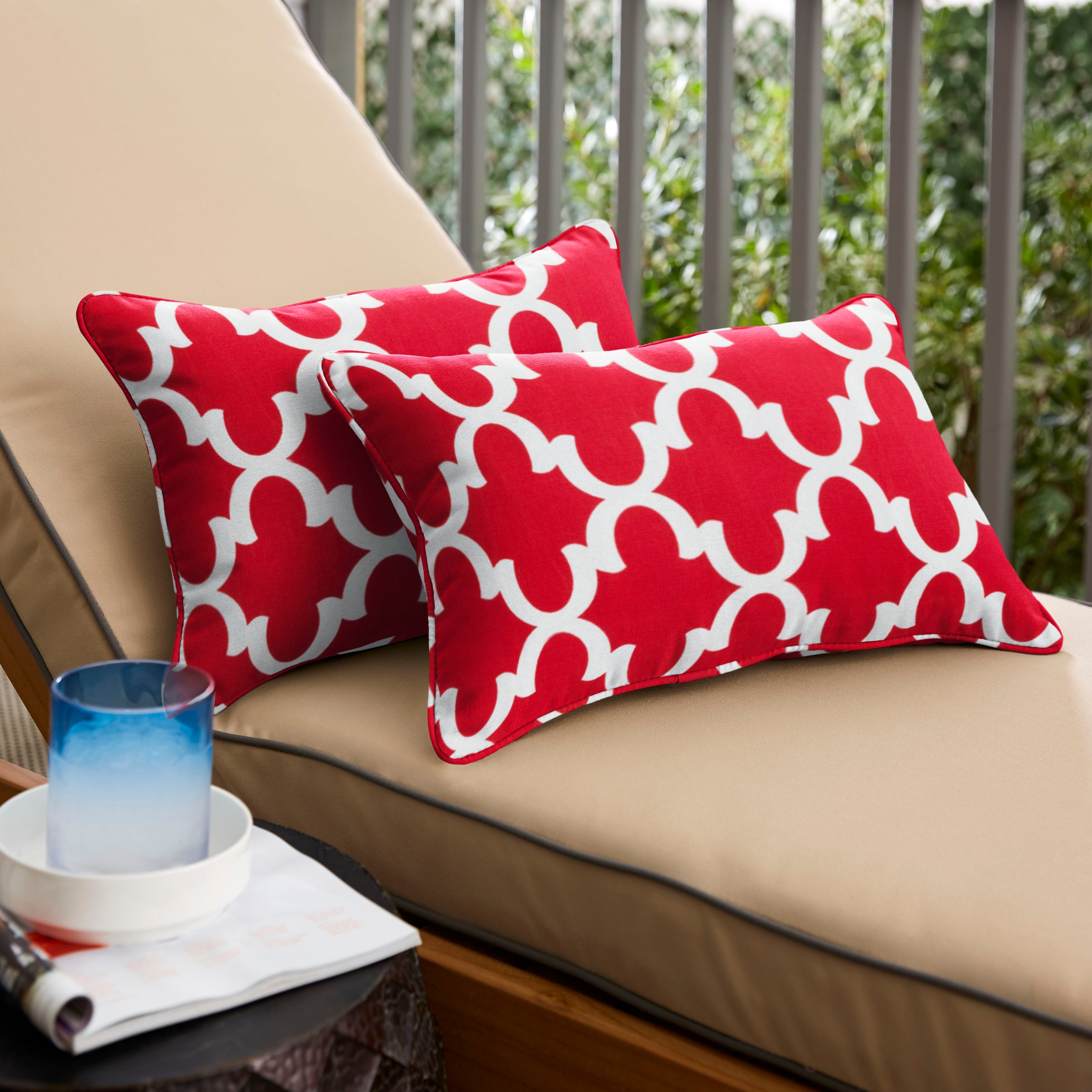 Sorra Home Scalloped Red Corded 12 x 24 Inch Indoor Outdoor Lumbar Pillows Set of 2