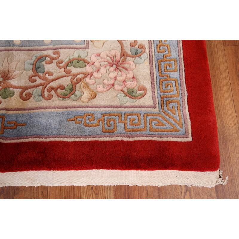 Red Art-Deco Chinese Vintage Area Rug Handmade Wool Carpet - 9'0" x 12'0"