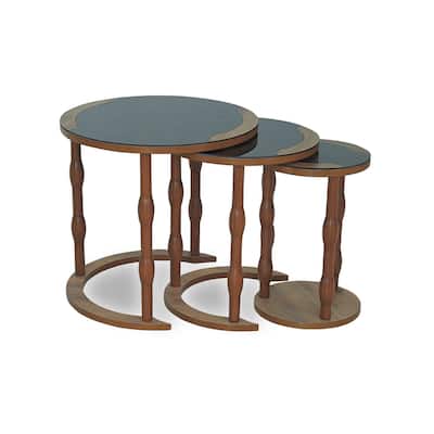 Aykut Oval Nesting Table, Glass Top, Wooden Leg - 20" x 19" x 20"
