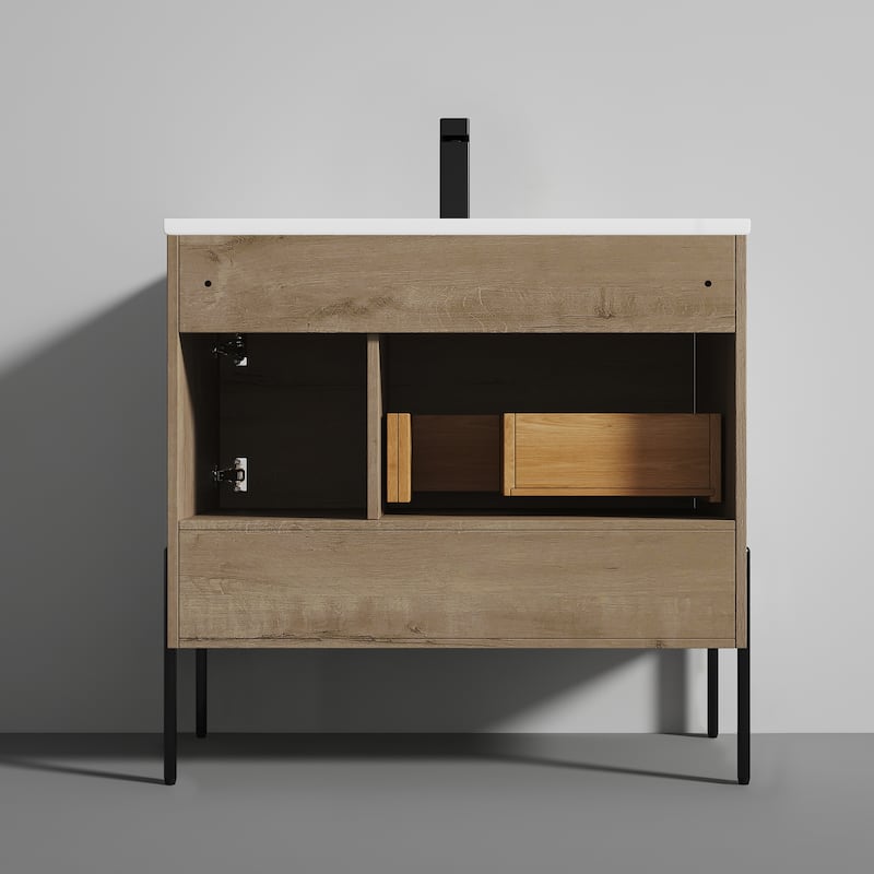 Freestanding Bathroom Vanity Set with Open Shelf & Topmounted Sink