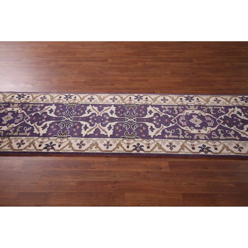 Purple & Ivory Oushak Indian Runner Rug Hand-Knotted Wool Carpet - 2'6"x 9'8"