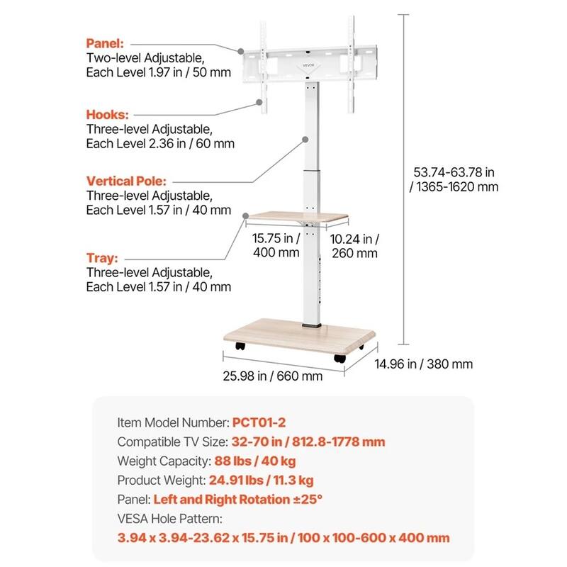 Rolling TV Stand Mobile Cart Holds Up to 88 lbs for 32-70 Inch - 52 inches