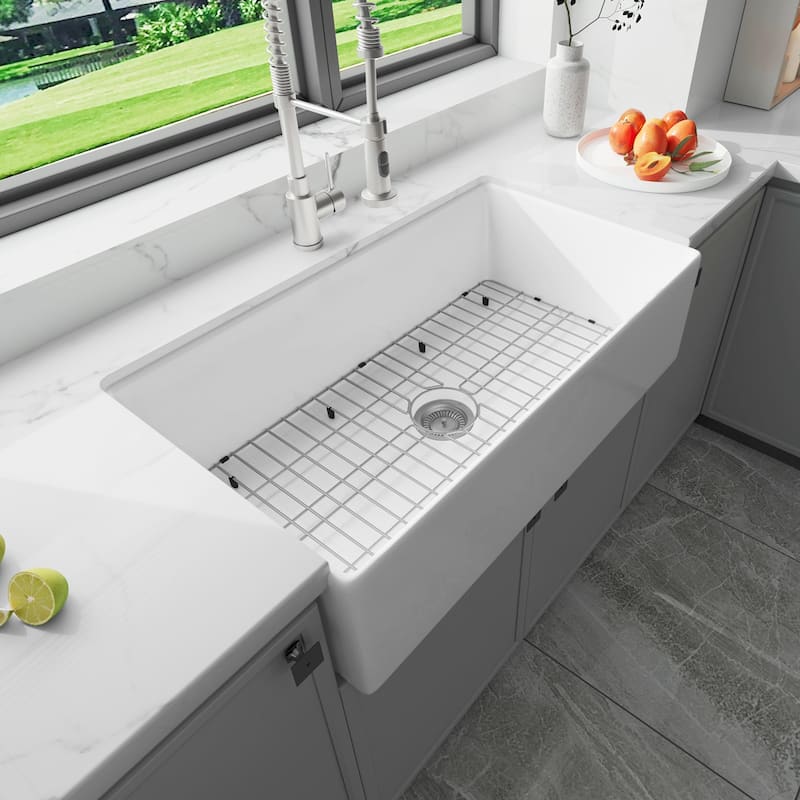 Sinber Farmhouse Apron Single Bowl Kitchen Sink with Fireclay White Finish