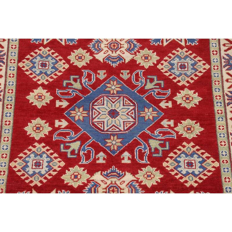 Red Geometric Kazak Oriental Area Rug Handmade Traditional Wool Carpet - 4'11" x 6'6"
