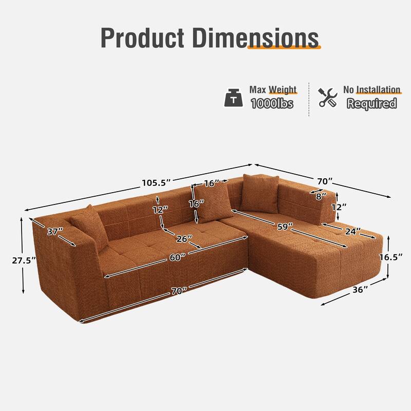 105.5" Polyester Upholstered Modular Oversized L-Shaped Comfy Sectional Compressed Sofa