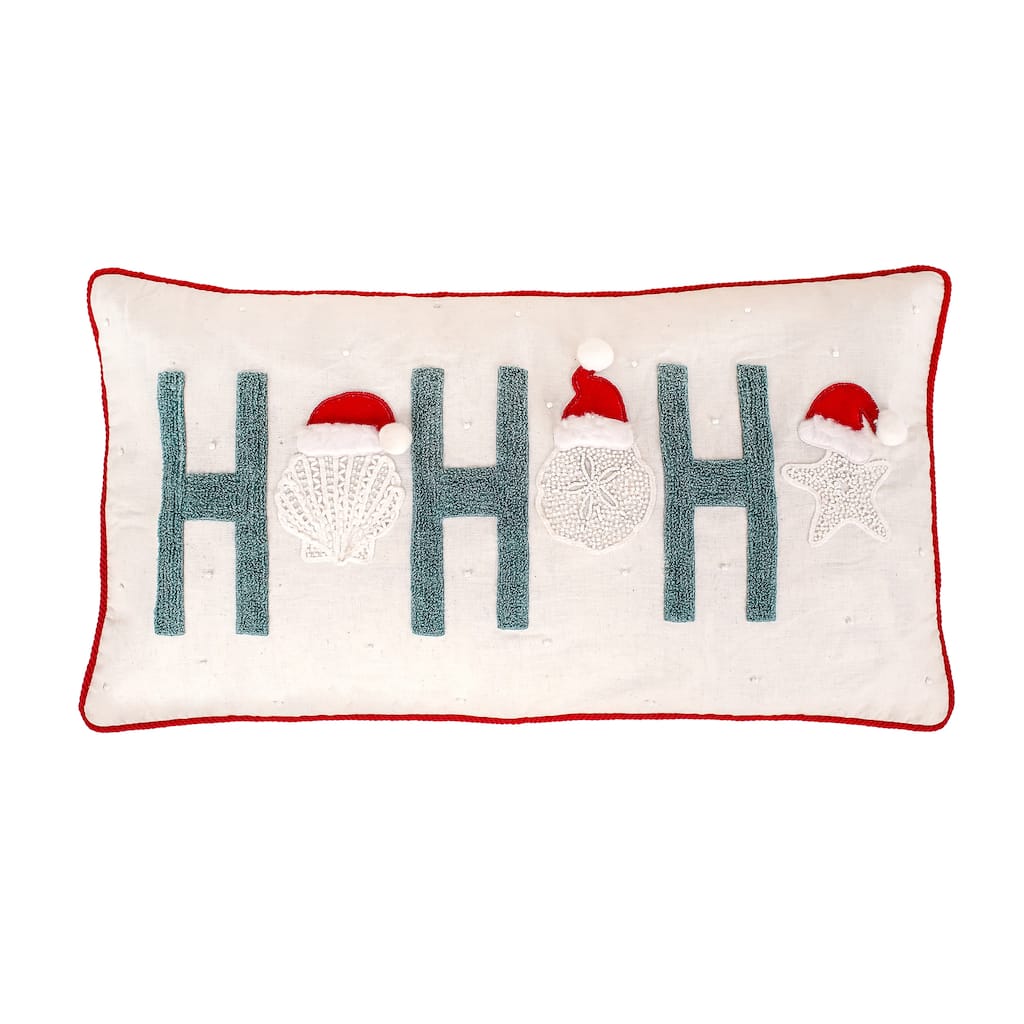 HGTV Home Collection "HO HO HO" Pillow with Seashells, Embroidered, Nautical Christmas Themed Décor, Natural, 26in