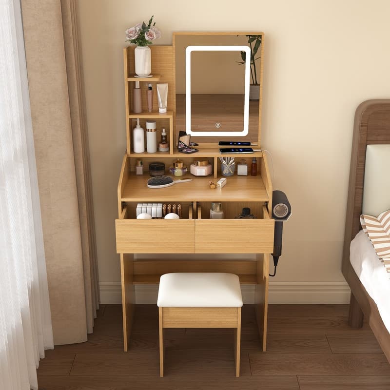 Vanity Dresser with Mirror and Stool Set Storage Drawers Luxury Furniture - Natural
