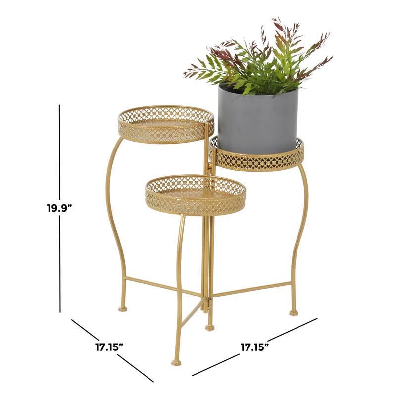 Gold Metal Curved Folding 3 Tier Indoor Outdoor Plantstand with Floral and Scroll Patterns