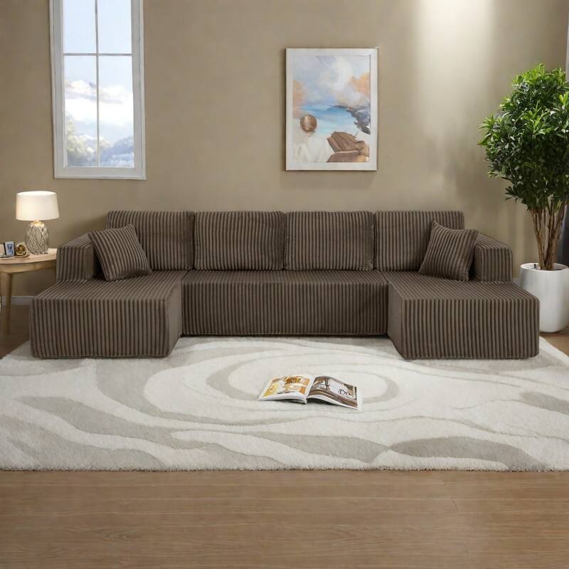 132.48" 5-Seat U-Shaped Modular Sectional Sofa with Sleeper Function, Corduroy Upholstery and No Assembly Required - Brown