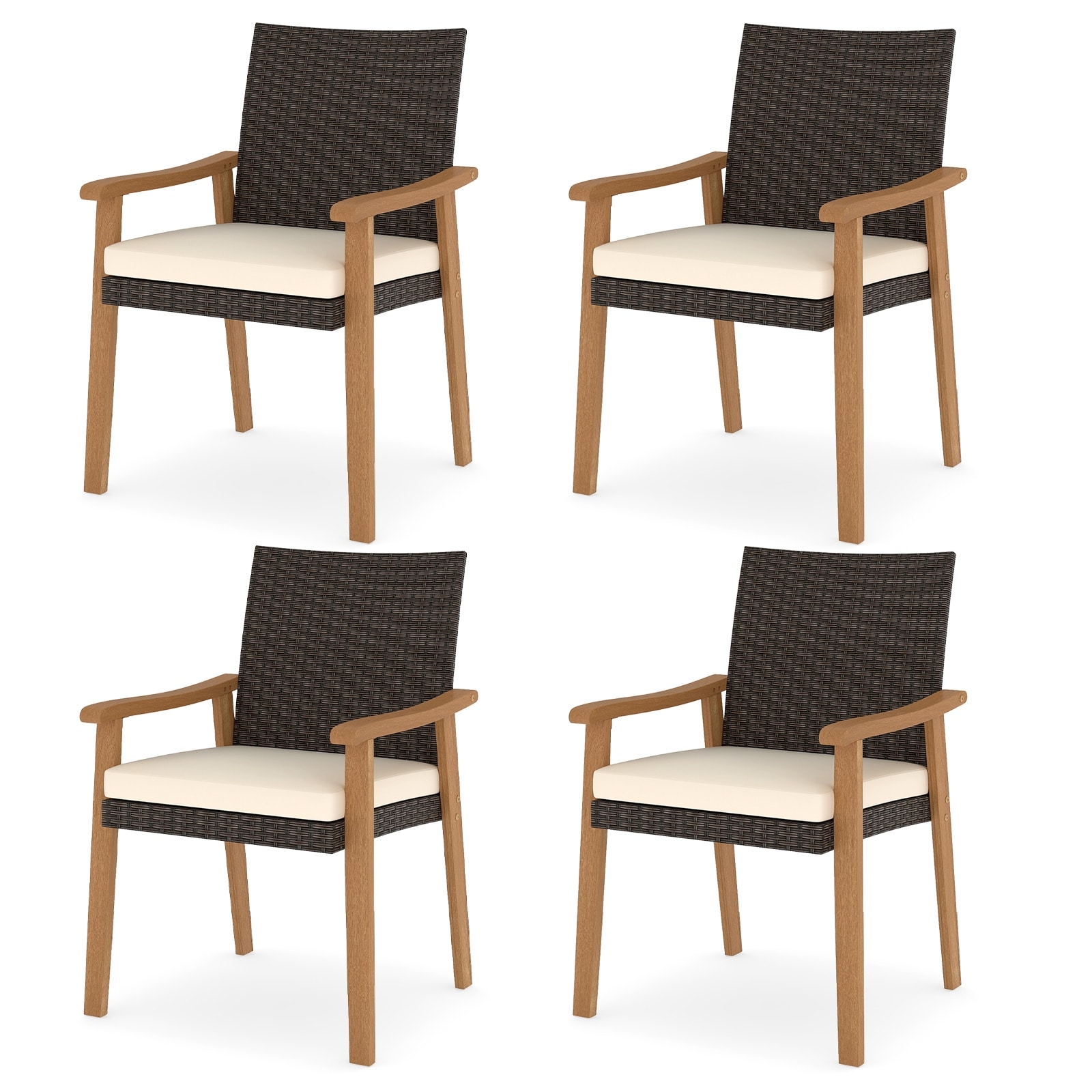Gymax Patio Dining Chair 4 PCS w/Cushion Wood Armrests Metal Frame for