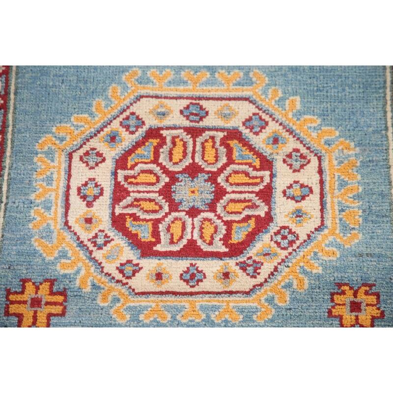 Hand Knotted Oriental 100% Wool Carpet Traditional Geometric Navy Blue & Blues Kazak Runner Rug - 9' 0'' X 2' 9''