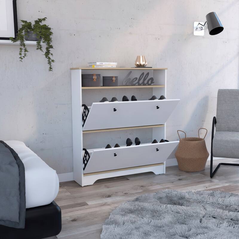 Shoe Rack With One Open Shelf And Two Extendable Cabinets - White
