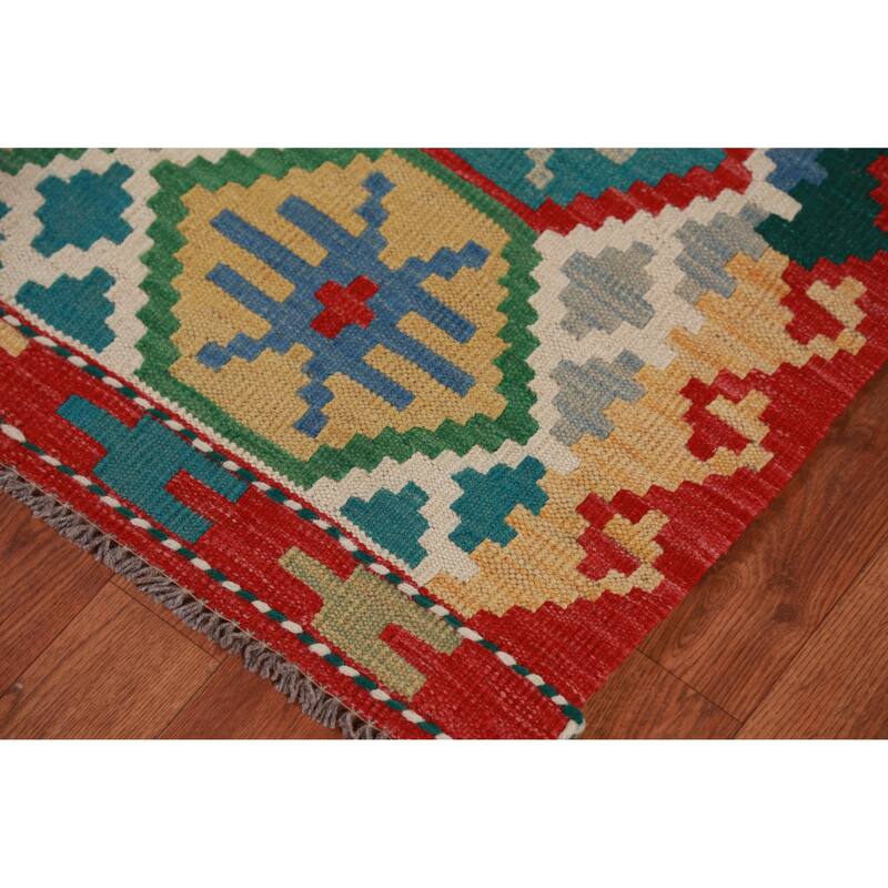 Hand Woven Oriental 100% Wool Carpet Southwestern All-Over Multi-Colored Kilim Runner Rug - 15' 11'' X 2' 10''