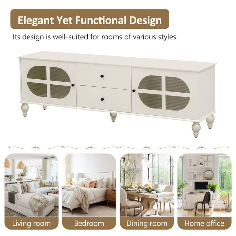 68.9" Rectangular Wooden TV Stand with Fluted Glass Doors, for TVs up to 75", Media Storage Console with 2 Drawers