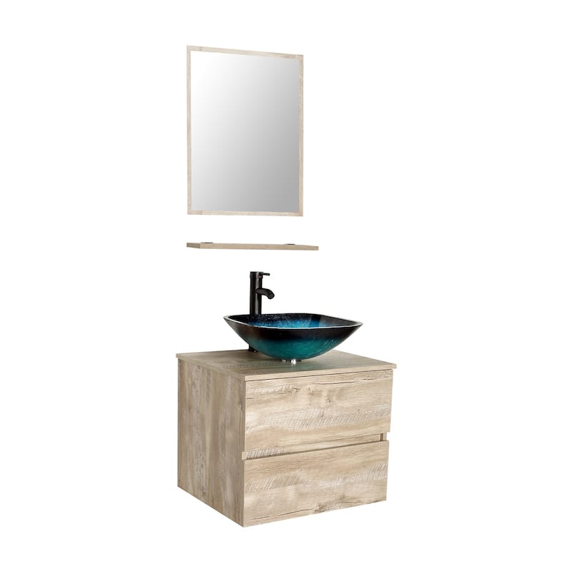 eclife 24" Wall Mounted Bathroom Vanity Ceramic Tempered Glass Sink Combo Natural 2 Drawers Cabinet Vanity Set