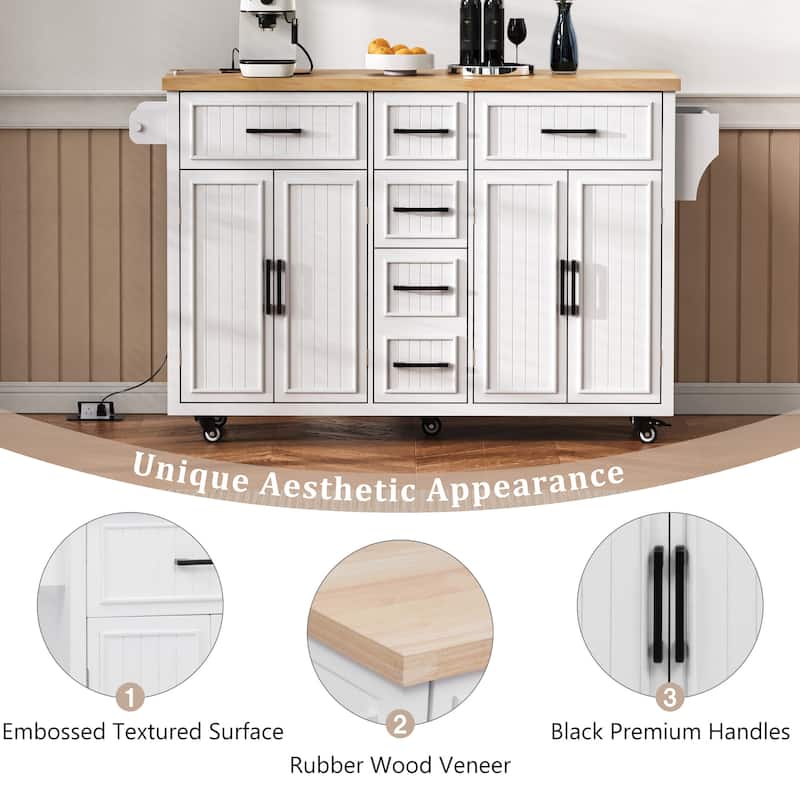 56.5"Kitchen Island with Drop Leaf, Power Outlet, Rolling Kitchen Cart on Wheels with 4 Doors, 5 Drawers and Adjustable Shelves