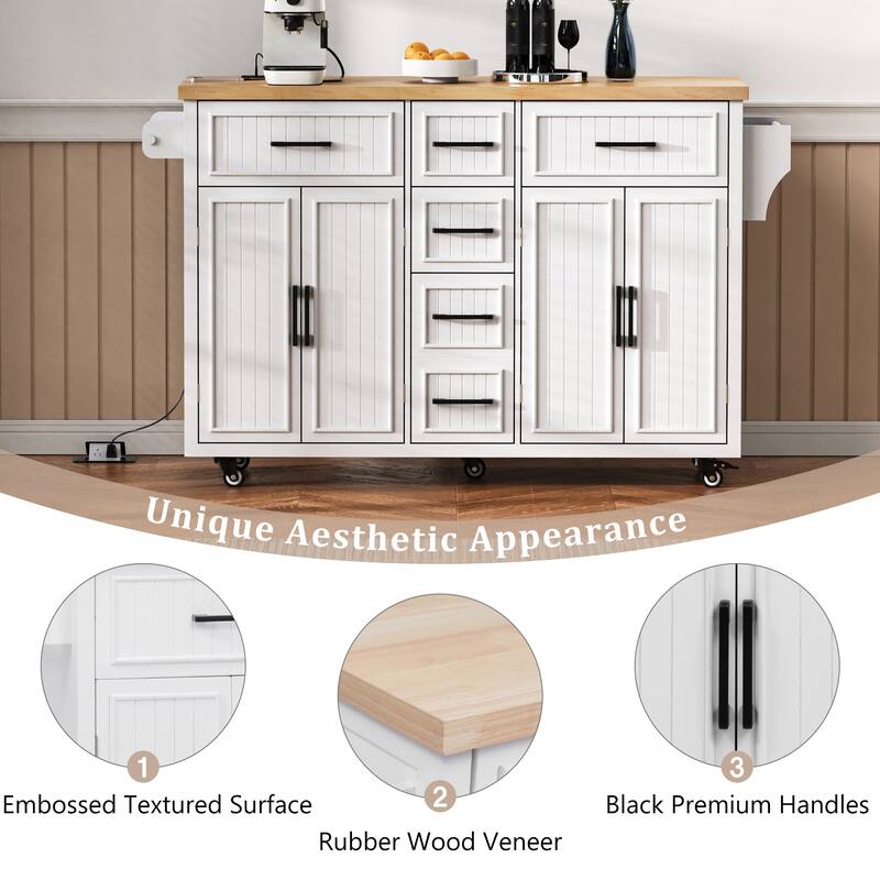 Kitchen Island Embossed Vertical Stripe Rolling Kitchen Cart on Wheels with Drop Leaf,Power Outlet
